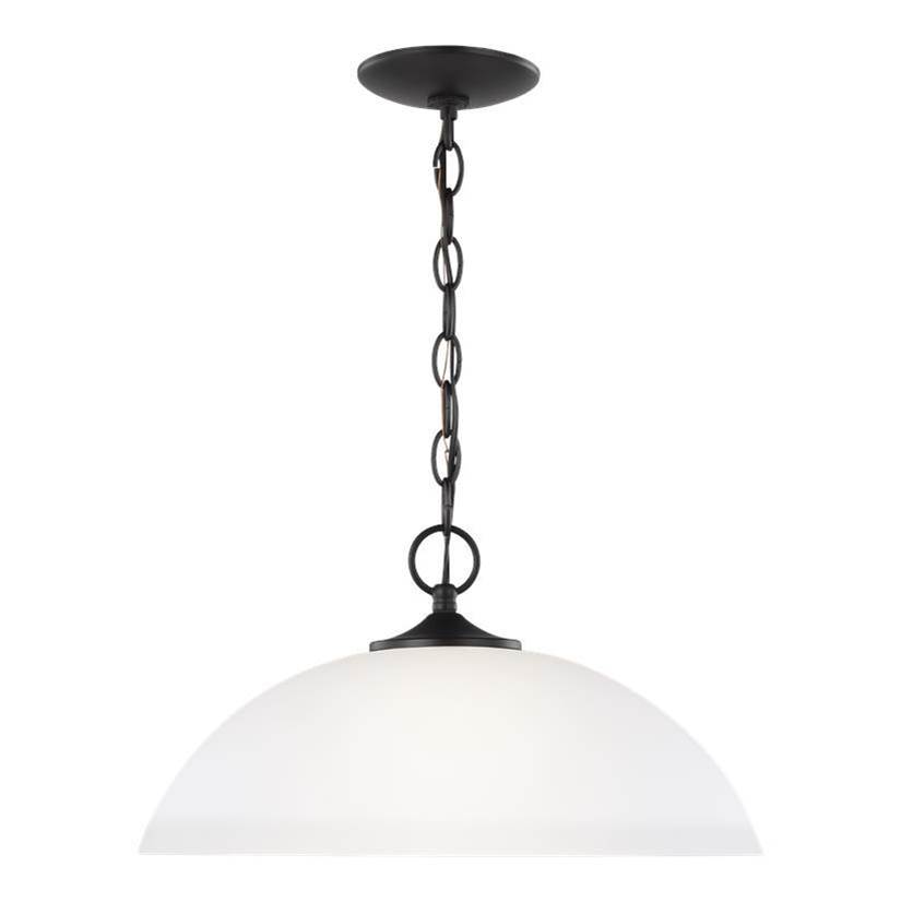 Generation Lighting Geary Transitional 1-Light Indoor Dimmable Ceiling Hanging Single Pendant Light In Midnight Black Finish With Satin Etched Glass Shade