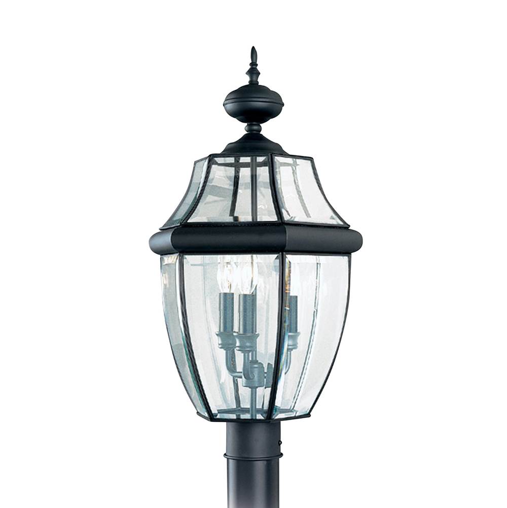 Generation Lighting Lancaster Traditional 3-Light Outdoor Exterior Post Lantern In Black Finish With Clear Curved Beveled Glass Shade