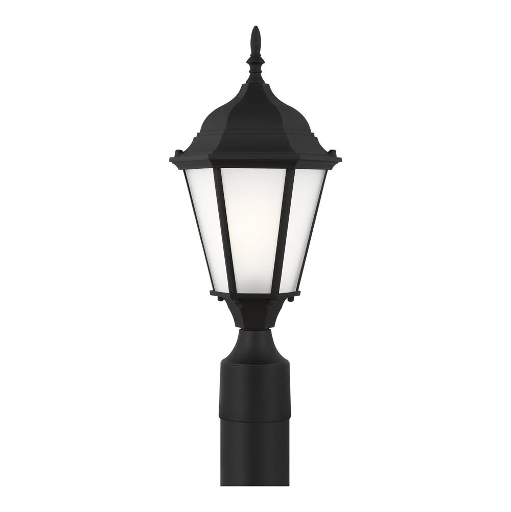 Generation Lighting Bakersville Traditional 1-Light Outdoor Exterior Post Lantern In Black Finish With Satin Etched Glass Panels