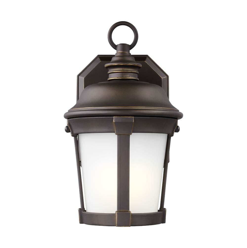 Generation Lighting Calder Traditional 1-Light Outdoor Exterior Small Wall Lantern Sconce In Antique Bronze Finish With Satin Etched Glass Shade