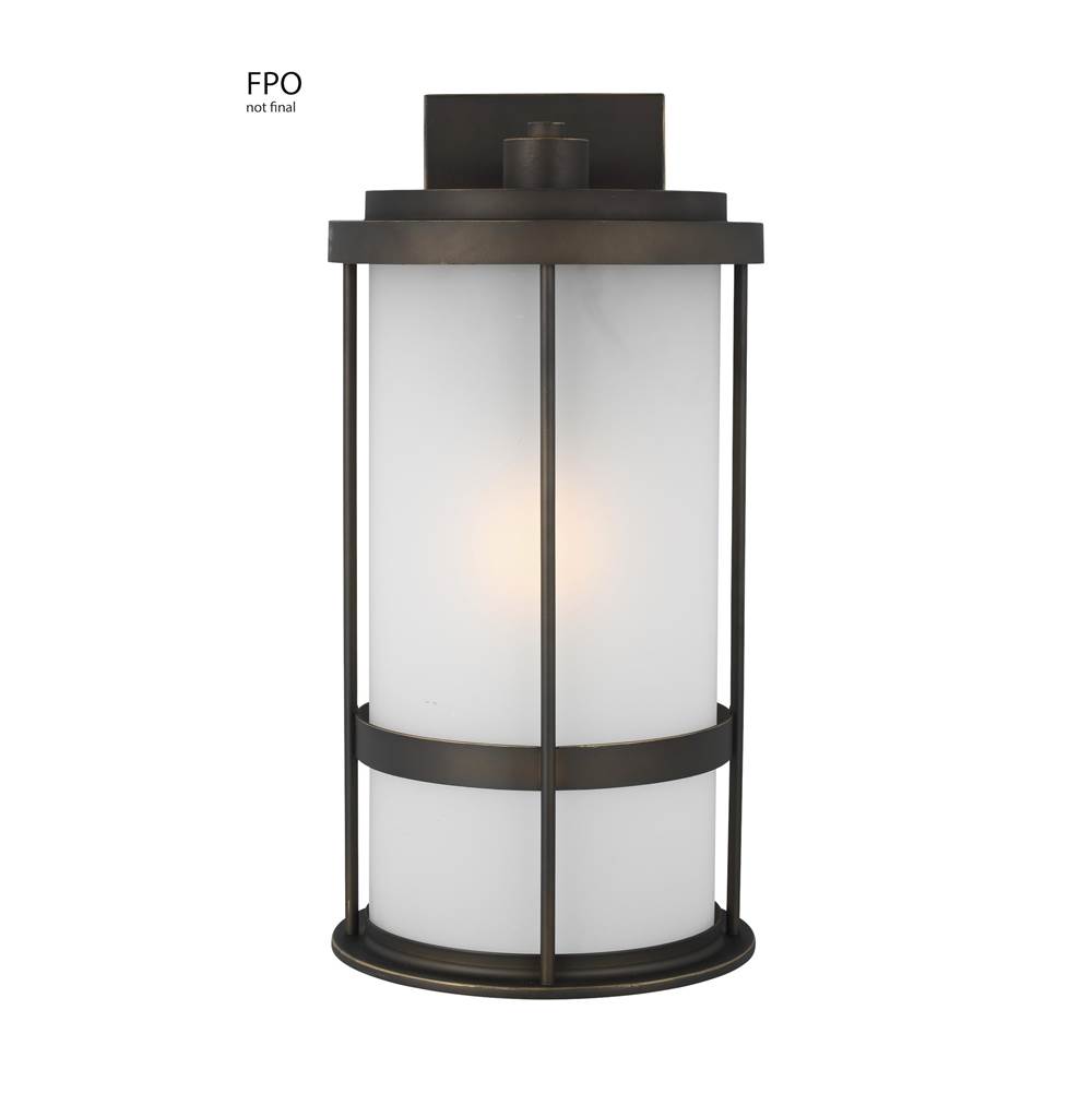 Generation Lighting Wilburn Modern 1-Light Outdoor Exterior Large Wall Lantern Sconce In Antique Bronze Finish With Satin Etched Glass Shade