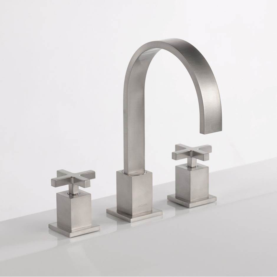 Lacava Deck-mount three-hole faucet with an arch spout featuring natural water flow, two cross handles, pop-up deain included.