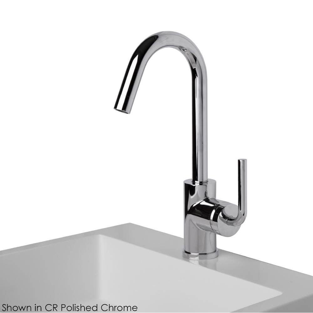 Lacava Deck-mount single-hole faucet with a goose-neck swiveling spout, one curved lever handle, and a pop-up drain.