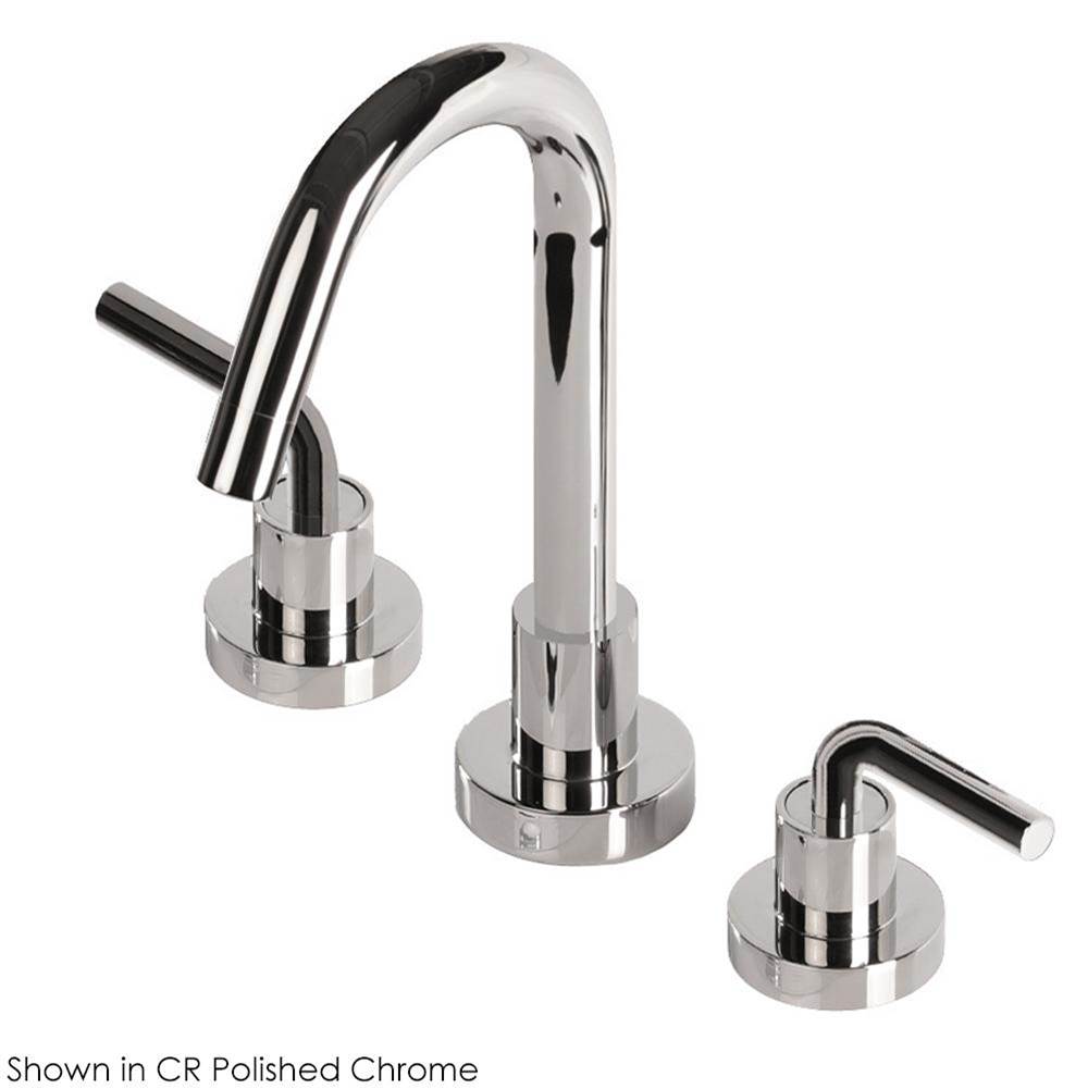 Lacava Deck-mount three-hole faucet with a gooseneck swiveling spout, two curved lever handles, and a pop-up drain.