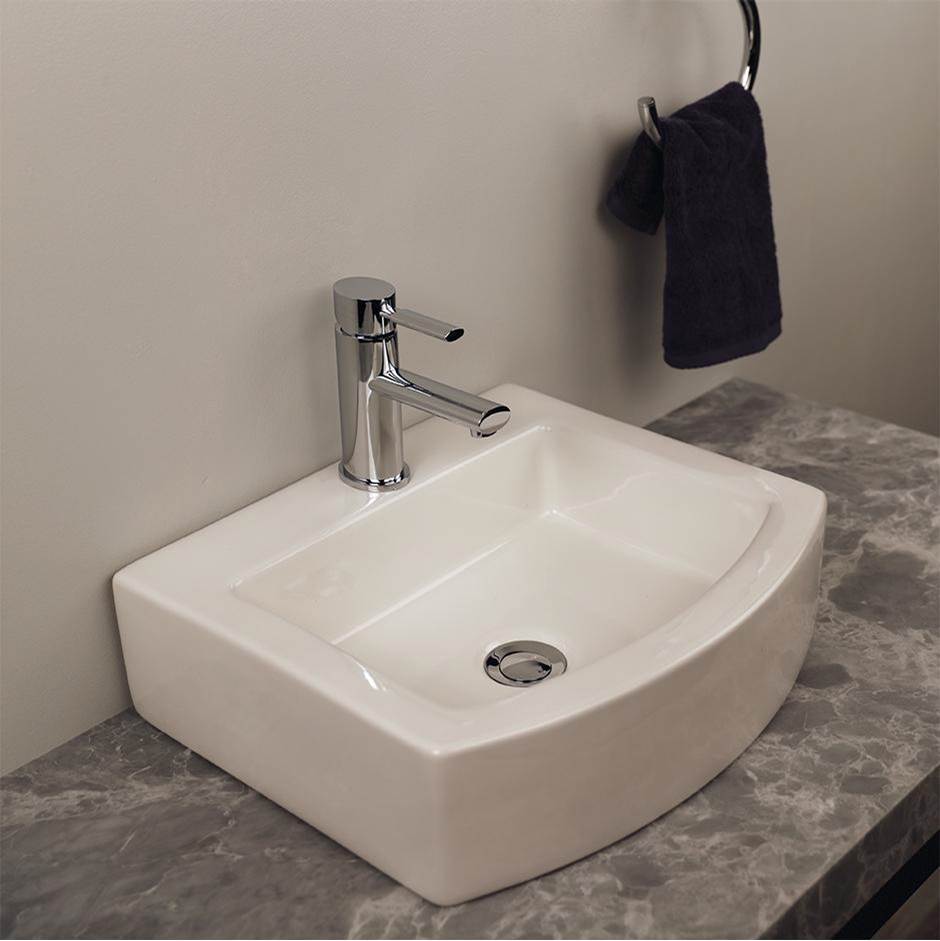 Lacava Above counter porcelain Bathroom Sink without an overflow. Unfinished back. 17 1/2''W, 15 1/2''D, 4 1/2''H. Three faucet holes in 8'' spread