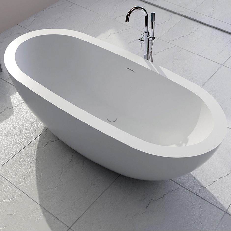 Lacava Free-standing soaking bathtub made of white solid surface with an overflow andndrain, net weight 364 lbs, water capacity 73 Gal.