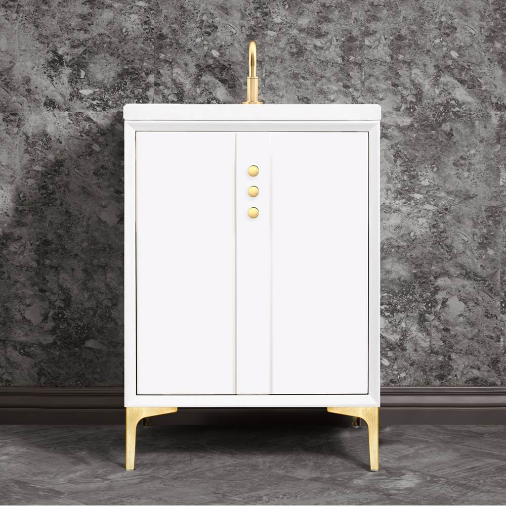 Linkasink Tuxedo 24'' Wide White Vanity with Satin Brass Buttons and Hardware, 24'' x 22'' x 33.5'' (without vanity top)