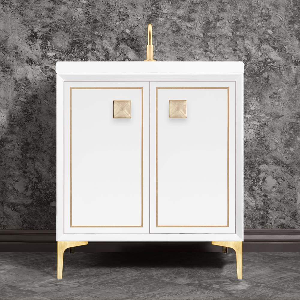 Linkasink LINEA with 3'' Artisan Glass Prism Hardware 30'' Wide Vanity, White, Satin Brass Hardware, 30'' x 22'' x 33.5'' (without vanity top)