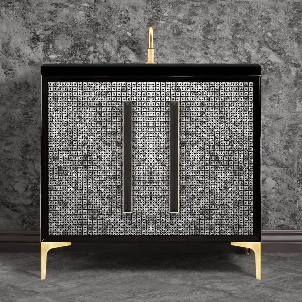 Linkasink MOTHER OF PEARL with 18'' Artisan Glass Prism Hardware 36'' Wide Vanity, Black, Satin Brass Hardware, 36'' x 22'' x 33.5'' (without vanity top)