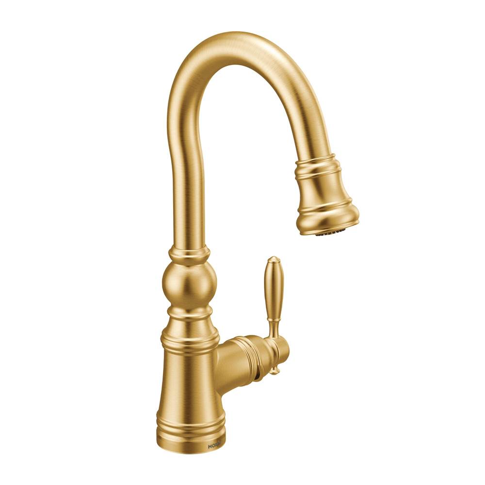 Moen Weymouth Shepherd''s Hook Pulldown Kitchen Bar Faucet Featuring Metal Wand with Power Clean, Brushed Gold