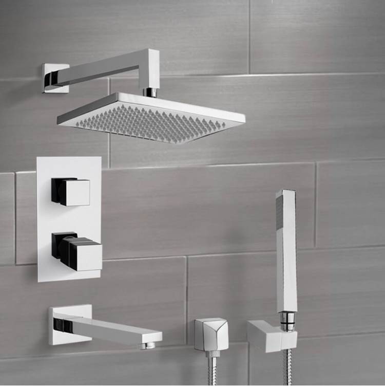 Nameeks Thermostatic Polished Chrome Square Tub and Shower Faucet with Hand Shower