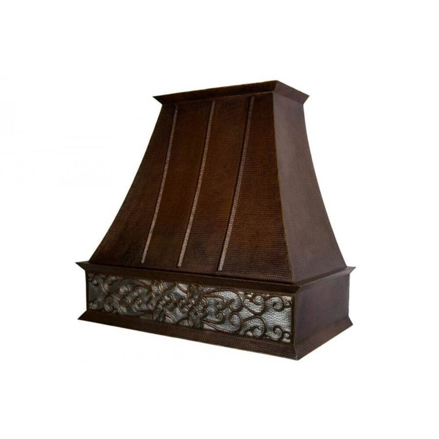 Premier Copper Products 38 Inch 735 CFM Hand Hammered Copper Wall Mounted Euro Range Hood with Nickel Background Scroll Design and Screen Filters