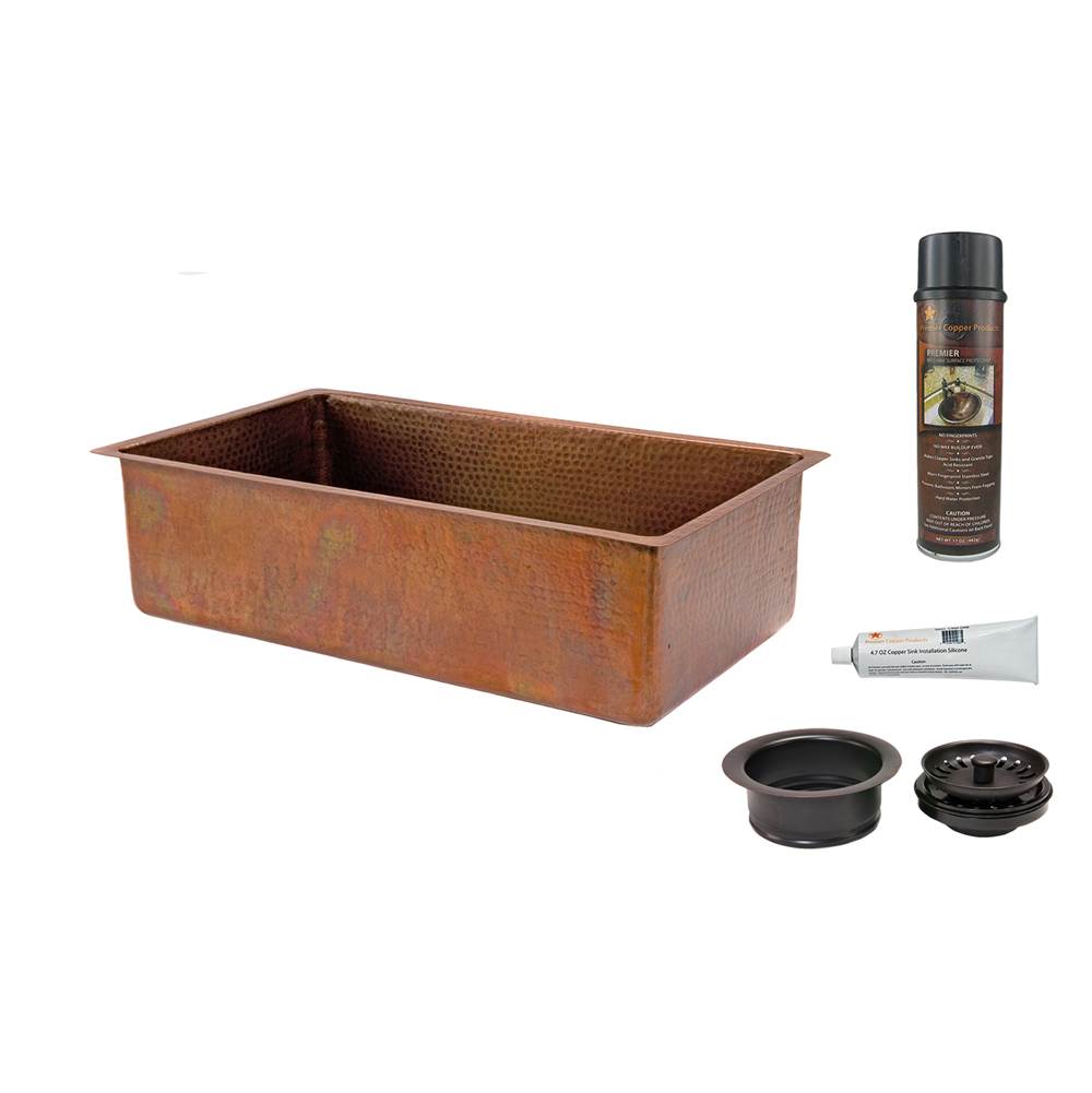 Premier Copper Products 33'' Antique Hammered Copper Kitchen Single Basin Sink with Matching Drain and Accessories