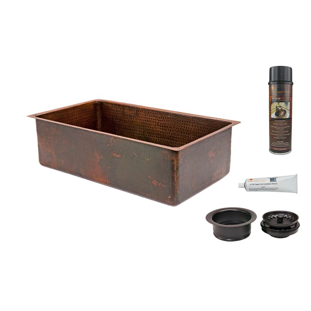 Premier Copper Products 30'' Hammered Copper Kitchen Single Basin Sink with Matching Drain and Accessories
