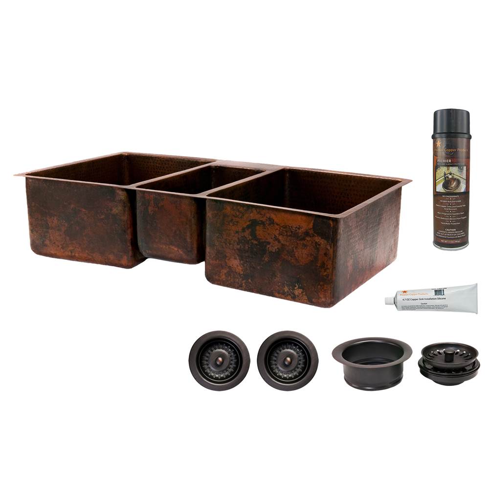 Premier Copper Products 42'' Hammered Copper Kitchen Triple Basin Sink with Matching Drains, and Accessories