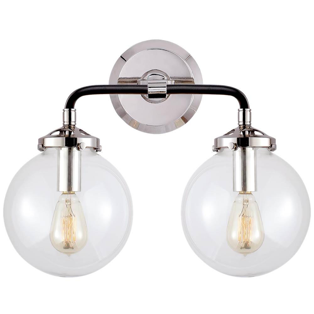 Visual Comfort Signature Collection Bistro Double Light Curved Sconce in Polished Nickel and Black with Clear Glass