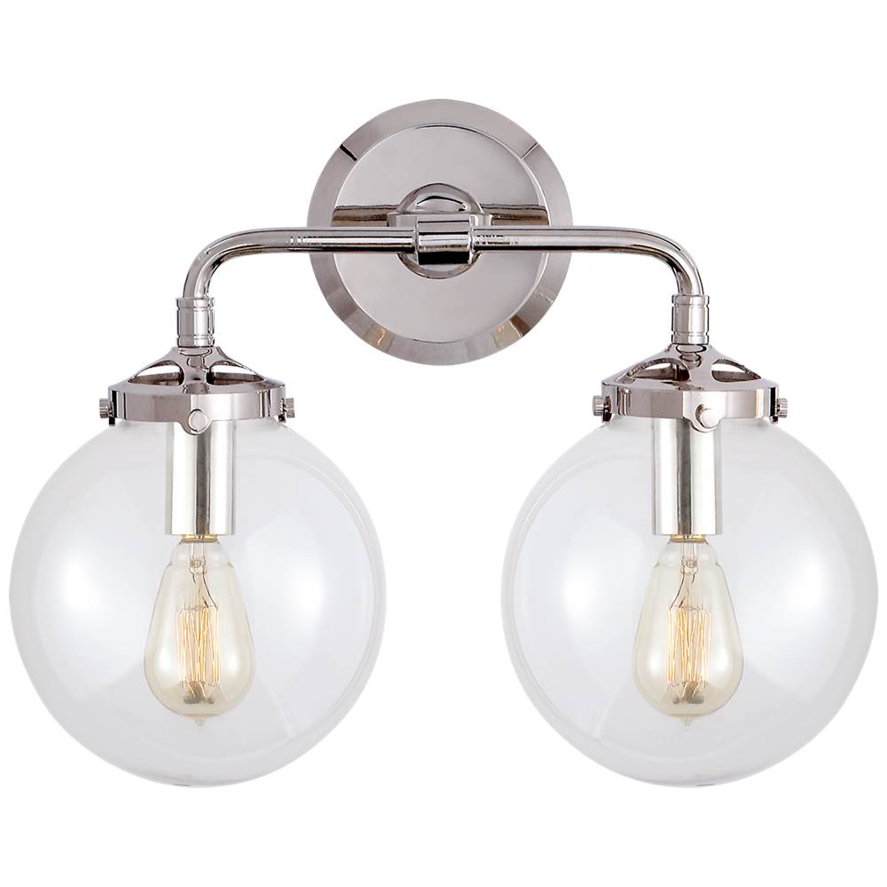 Visual Comfort Signature Collection Bistro Double Light Curved Sconce in Polished Nickel with Clear Glass