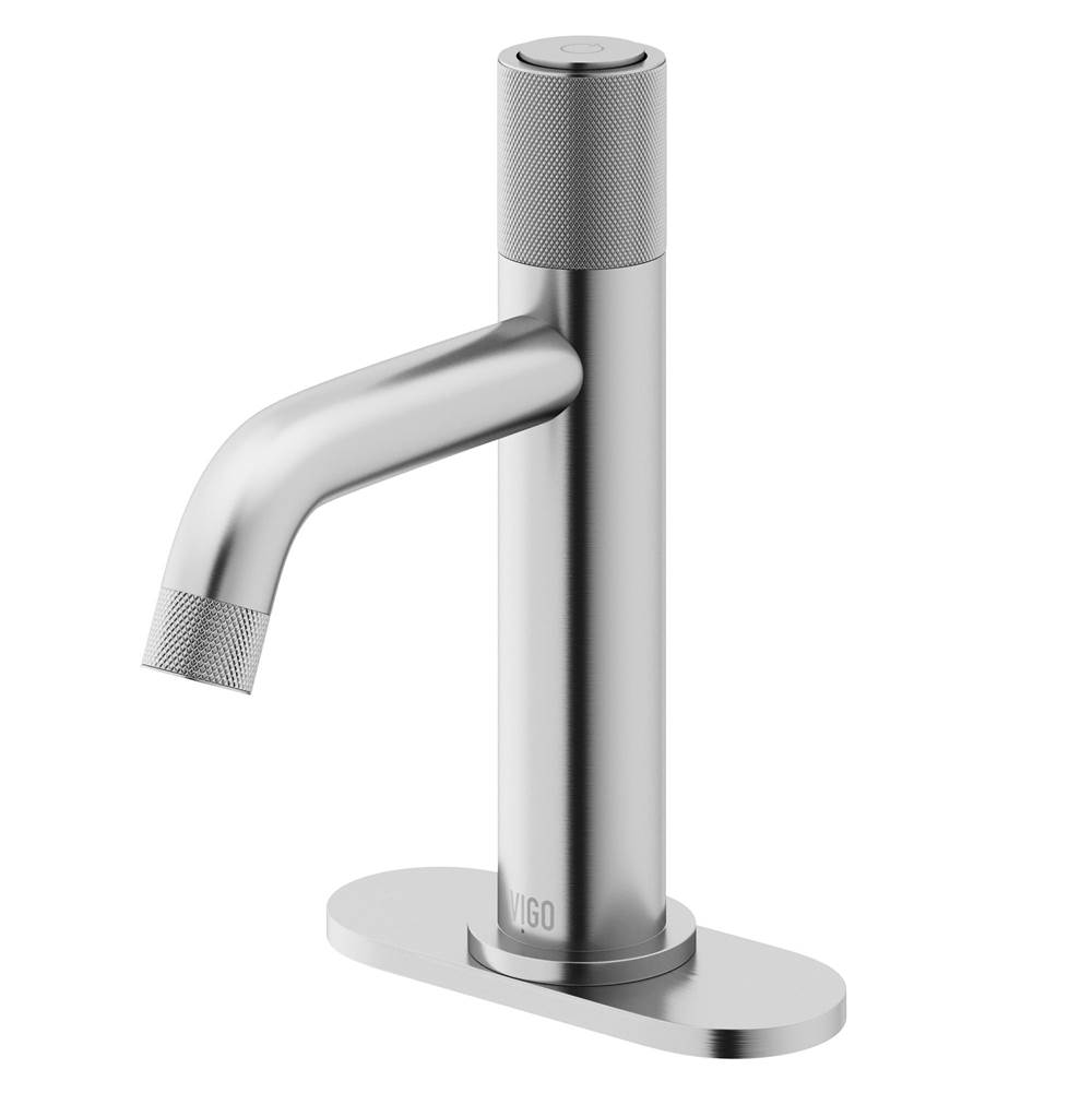 Vigo Apollo Button Operated Single-Hole Bathroom Faucet Set with Deck Plate in Brushed Nickel