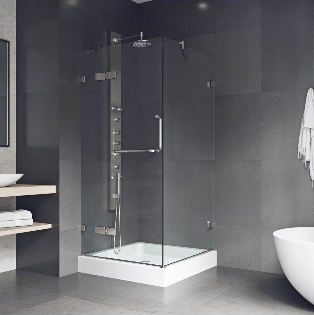 Vigo Monteray 32.375 W X 70.75 H Frameless Hinged Shower Enclosure In Brushed Nickel With Shower Base And Handle