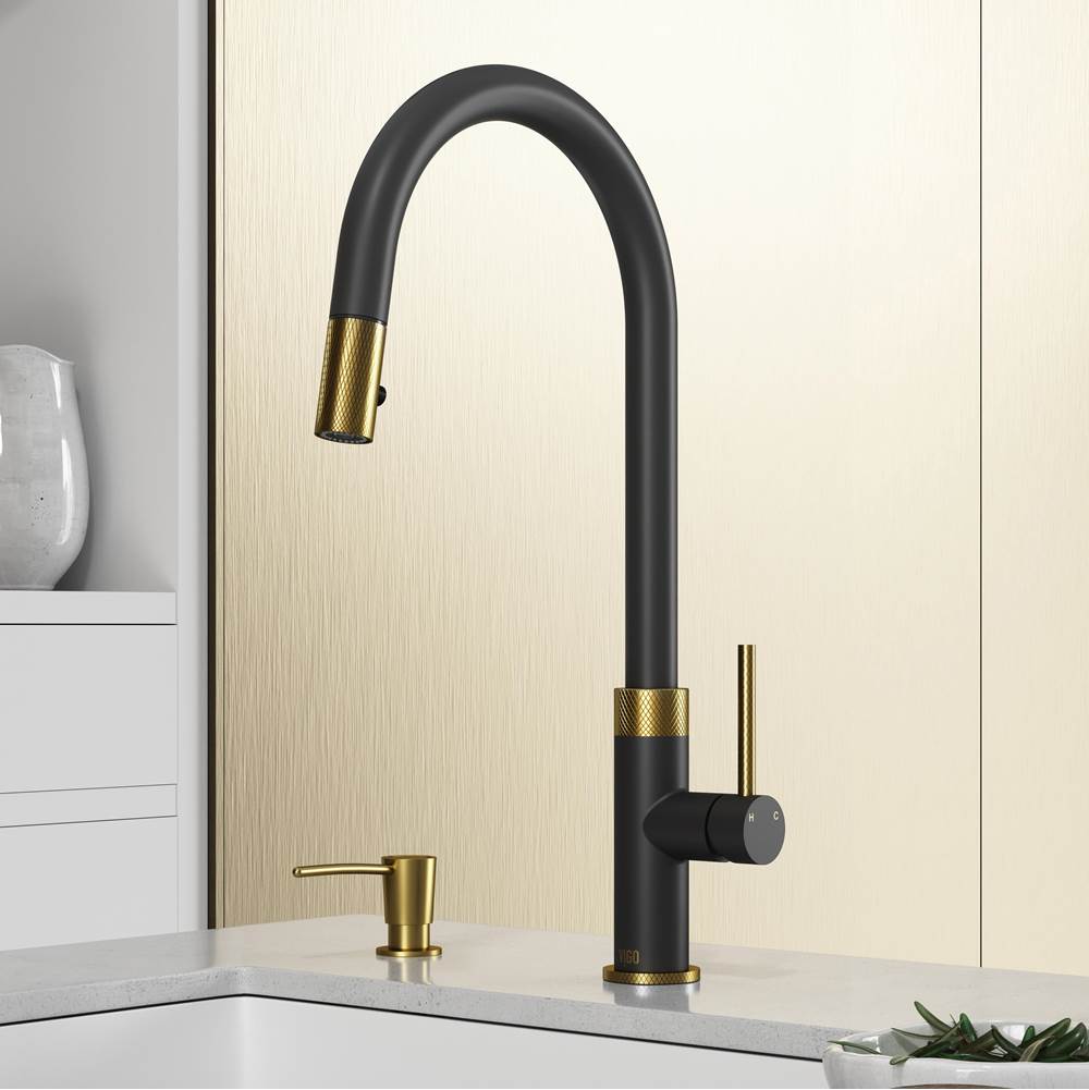 Vigo Bristol Pull-Down Kitchen Faucet with Soap Dispenser in Matte Brushed Gold and Matte Black