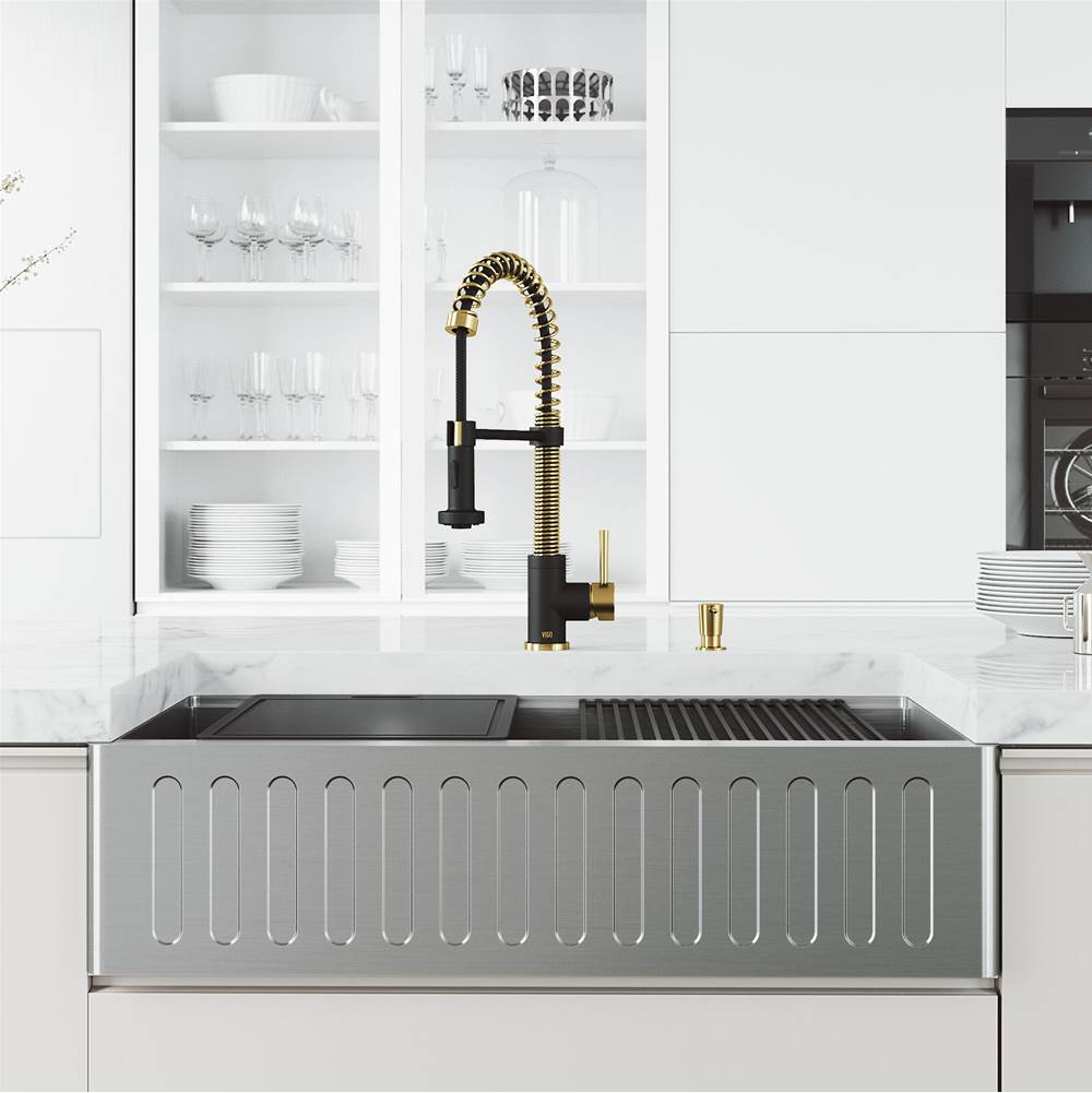 Vigo 36 in. Oxford Stainless Steel Slotted Front Farmhouse Kitchen Sink Set with Edison Faucet in Matte Brushed Gold and Matte Black