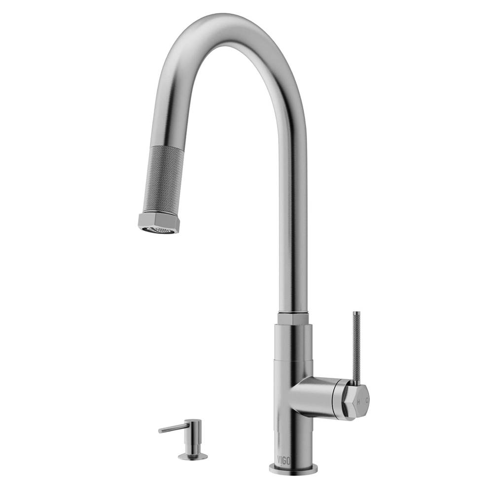 Vigo Hart Arched Single Handle Pull-Down Spout Kitchen Faucet Set with Soap Dispenser in Stainless Steel