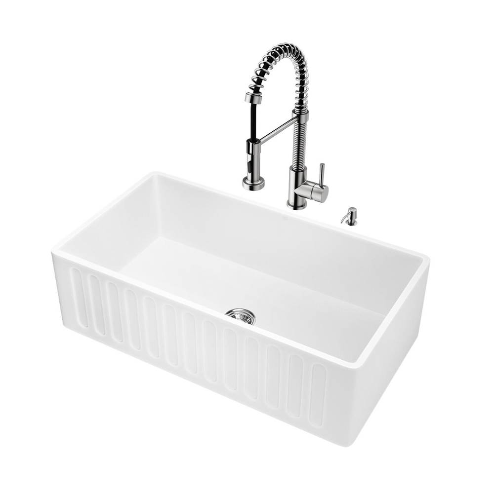 Vigo All-In-One 33''  Matte Stone Single Bowl Farmhouse Undermount Kitchen Sink With Pull Down Faucet In Stainless Steel And Soap Dispenser