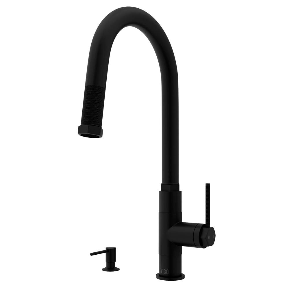 Vigo Hart Arched Single Handle Pull-Down Spout Kitchen Faucet Set with Soap Dispenser in Matte Black