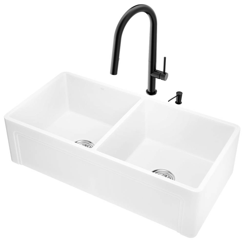 Vigo All-In-One 36'' Casement Front Matte Stone Double Bowl Farmhouse Apron Kitchen Sink Set With Greenwich Faucet In Matte Black, Two Strainers A