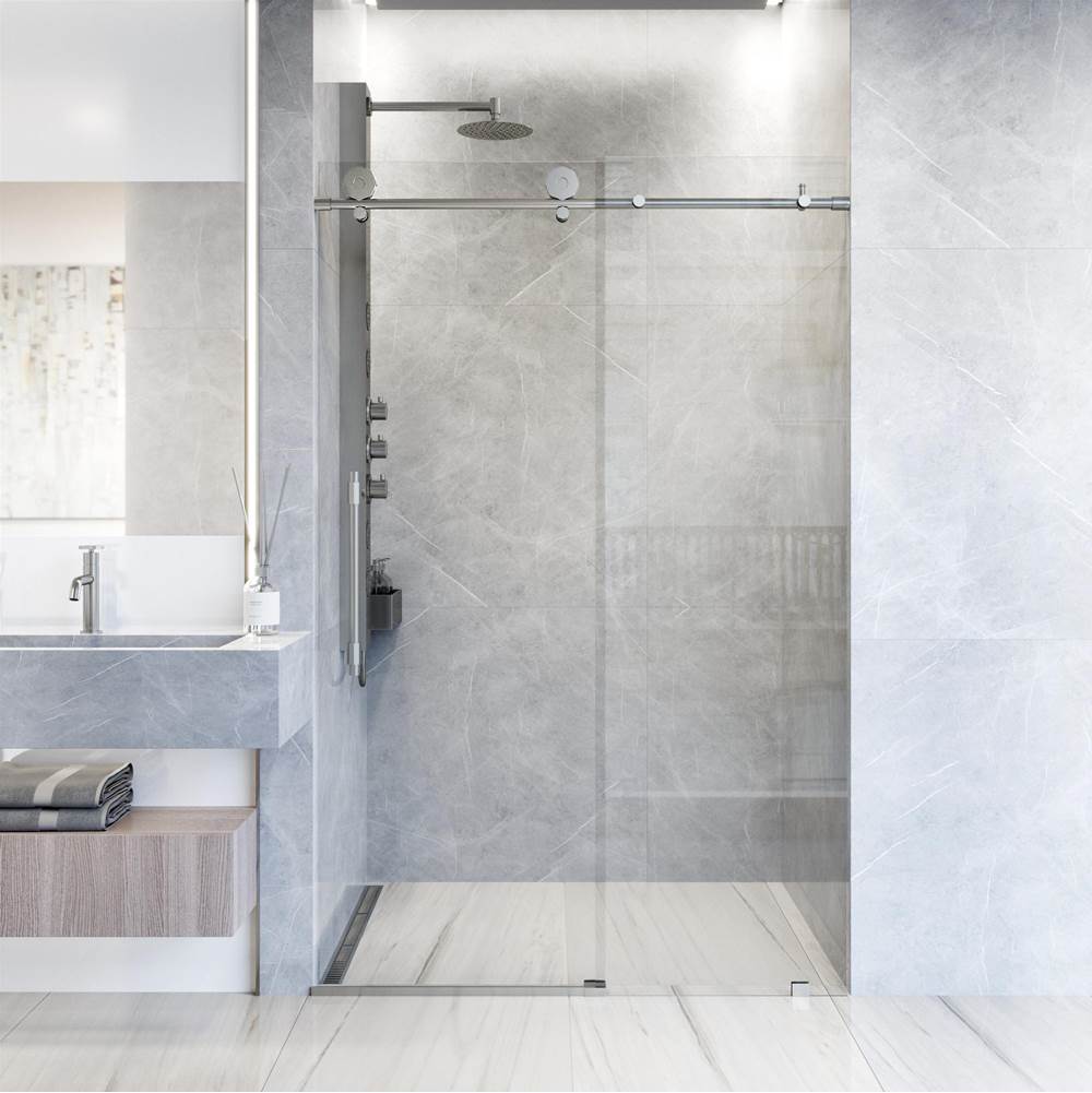 Vigo Elan Hart 68 to 72 in. W x 76 in. H Sliding Frameless Shower Door in Stainless Steel with 3/8 in. (10mm) Clear Glass