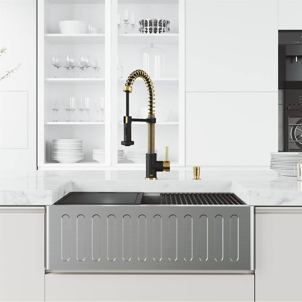 Vigo 30 in. Oxford Single Bowl Slotted Apron Front Stainless Steel Farmhouse Kitchen Sink  and Edison Faucet in Matte Brushed Gold and Matte Black