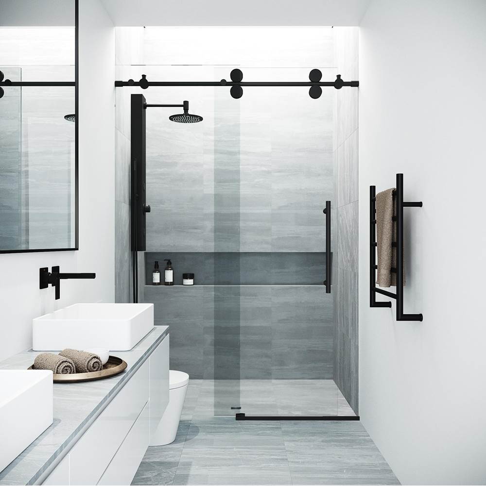 Vigo Elan 52 To 56 In. X 74 In. Frameless Sliding Shower Door In Matte Black With Clear Glass And Handle