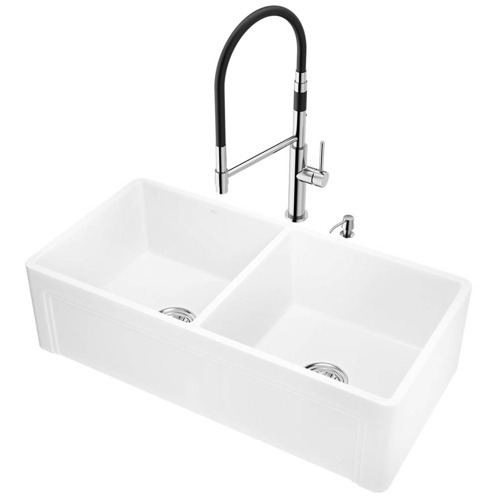 Vigo All-In-One 36'' Casement Front Matte Stone Double Bowl Farmhouse Apron Kitchen Sink Set With Norwood Faucet In Stainless Steel, Two Strainers