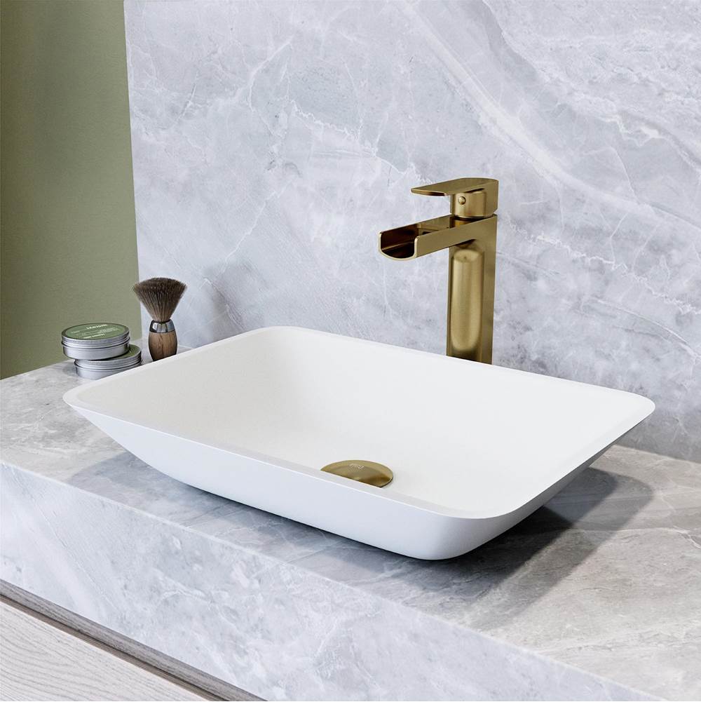Vigo Matte Shell Sottlie Glass Rectangular Vessel Bathroom Sink in White with Amada Faucet and Pop-up Drain in Matte Gold