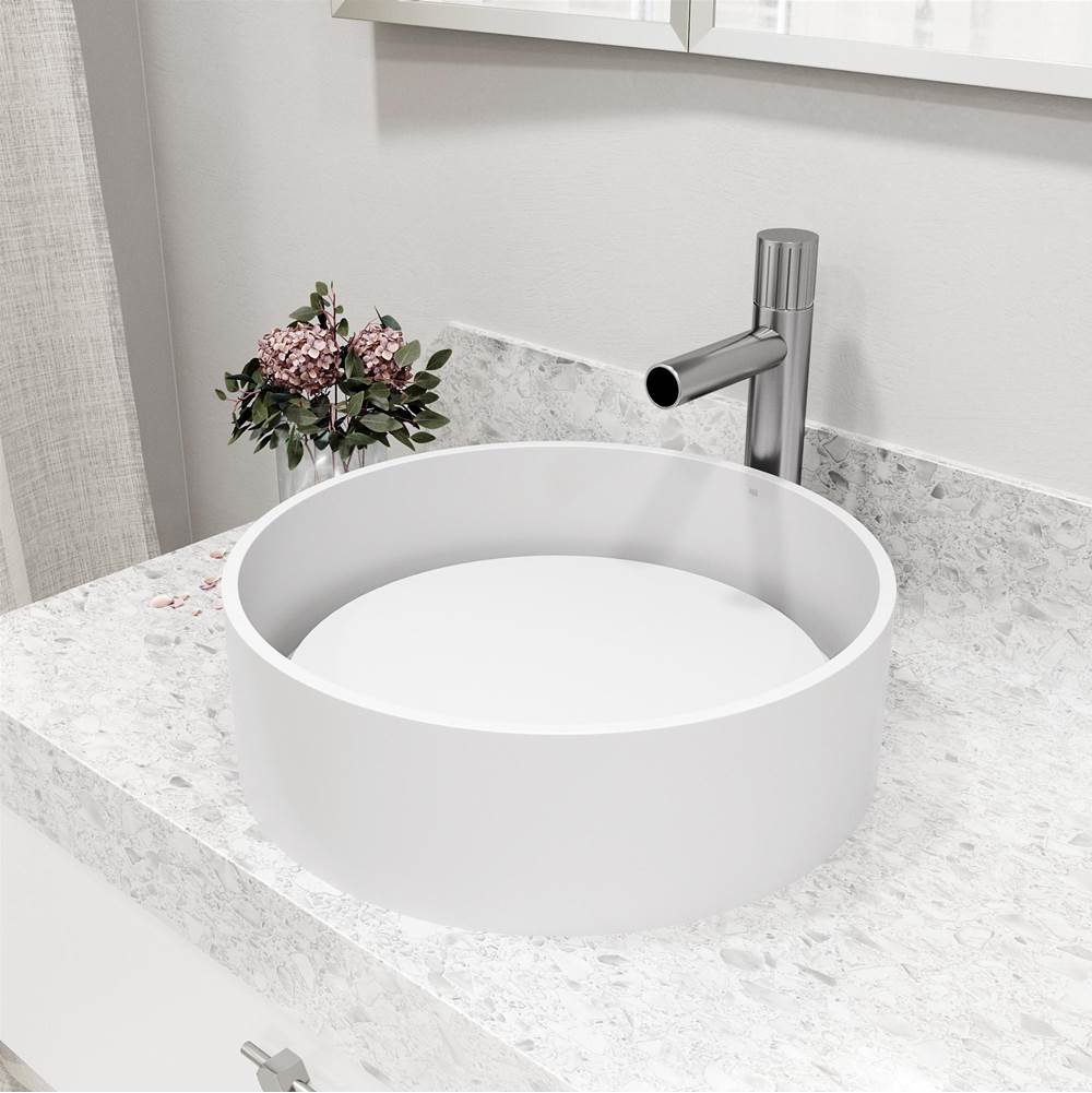 Vigo Matte Stone Anvil Composite Round Vessel Bathroom Sink in White with Ashford Faucet and Pop-Up Drain in Brushed Nickel