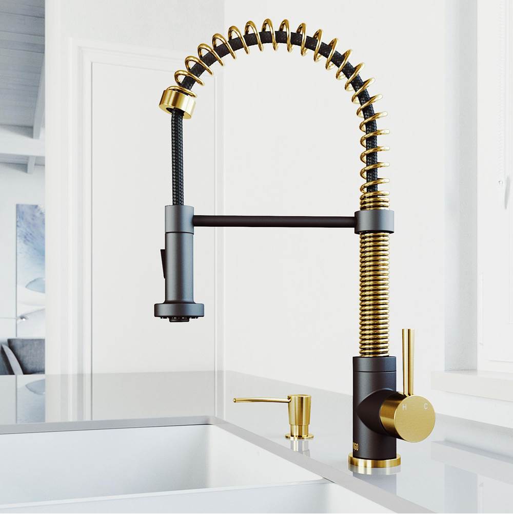 Vigo Edison Pull-Down Spray Kitchen Faucet In Matte Brushed Gold/Matte Black with Soap Dispenser