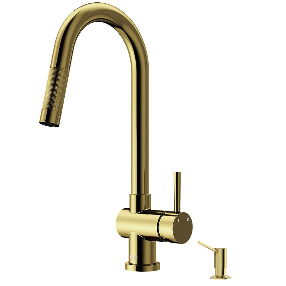 Vigo Gramercy Single Handle Pull-Down Spout Kitchen Faucet Set with Soap Dispenser in Matte Brushed Gold