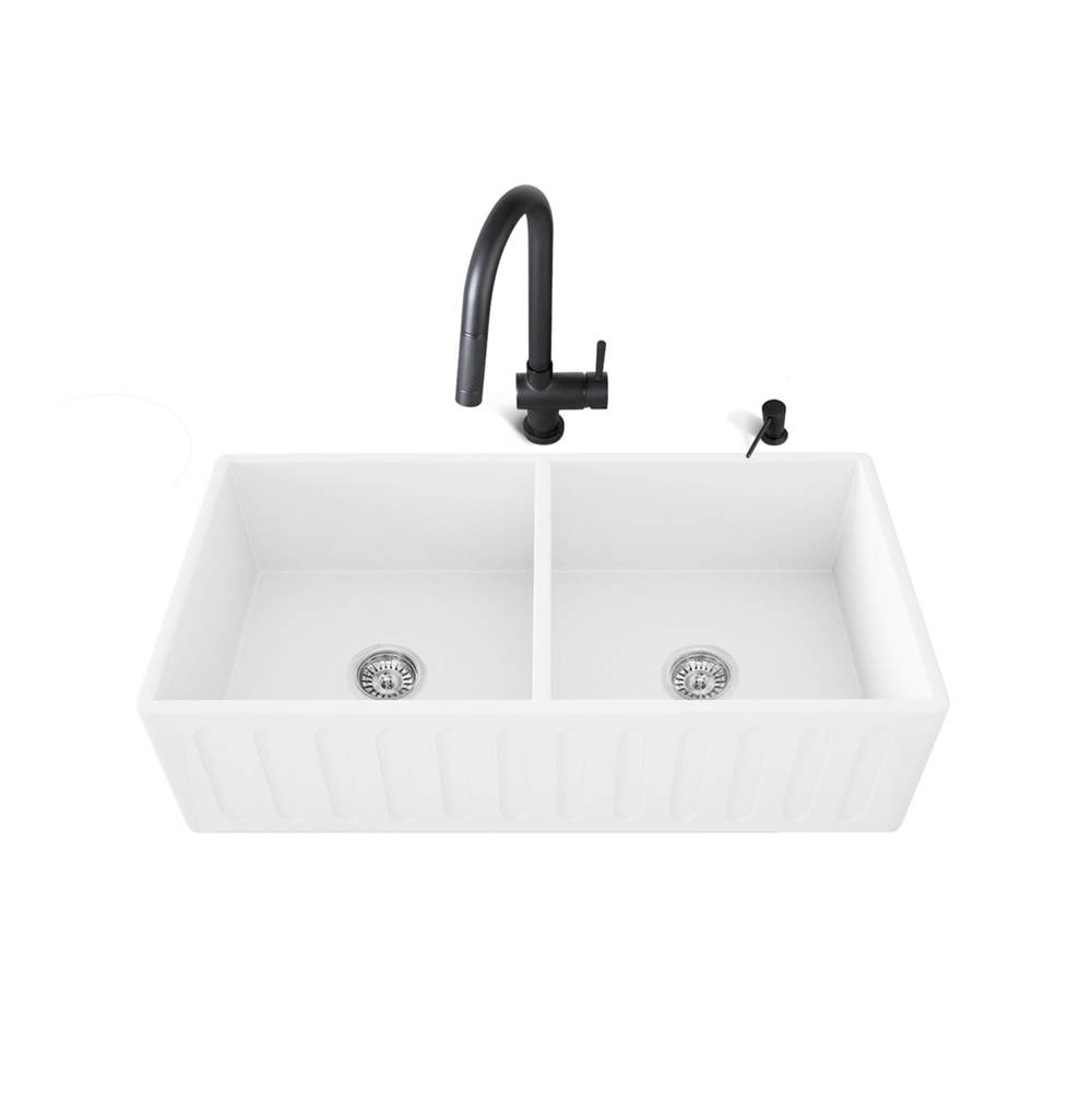 Vigo All-In-One 33'' Matte Stone Double Bowl Farmhouse Sink Set With Gramercy Faucet In Matte Black, Two Strainers And Soap Dispenser