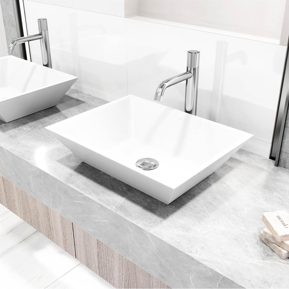 Vigo Matte Stone Vinca Composite Rectangular Vessel Bathroom Sink in White with Apollo Faucet and Pop-Up Drain in Chrome