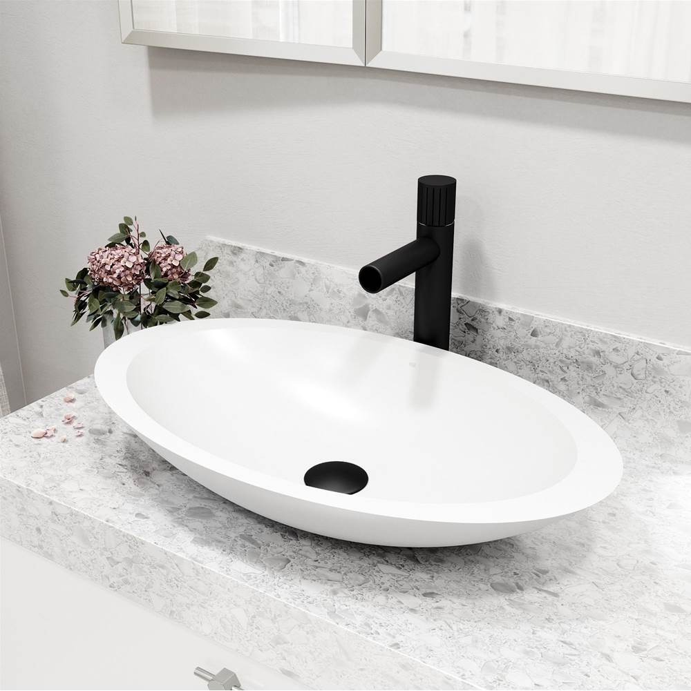 Vigo Matte Stone Wisteria Composite Oval Vessel Bathroom Sink in White with Ashford Faucet and Pop-Up Drain in Matte Black