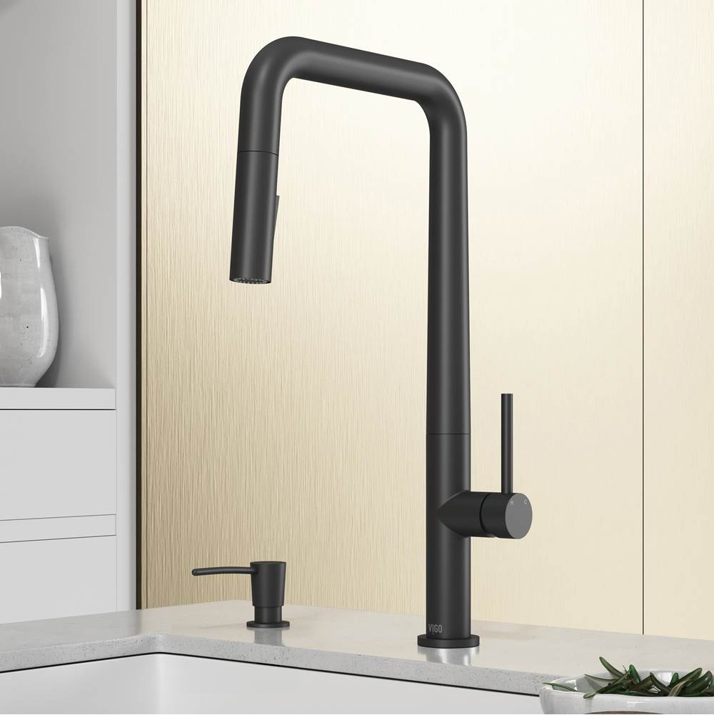 Vigo Parsons Pull-Down Kitchen Faucet with Soap Dispenser in Matte Black