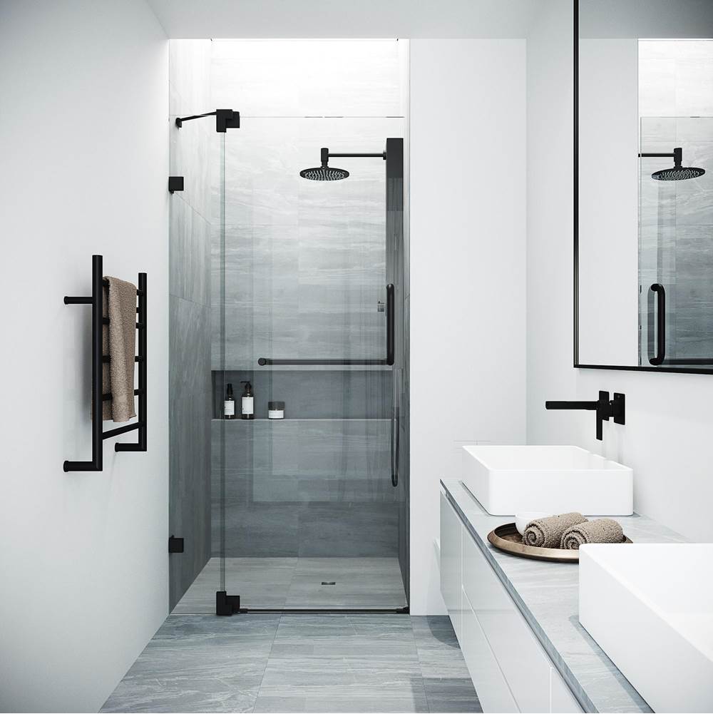 Vigo Pirouette 30 To 36 In. X 72 In. Frameless Pivot Shower Door In Matte Black With Clear Glass And Handle
