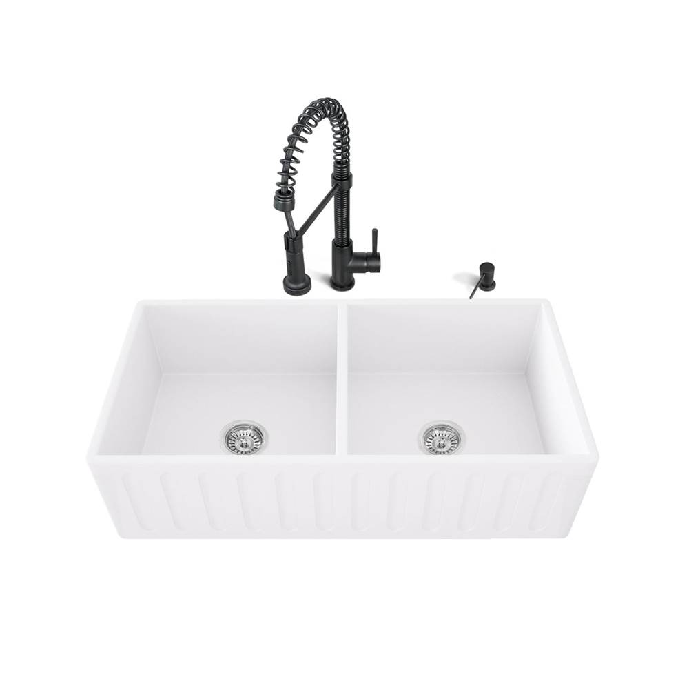 Vigo All-In-One 33''  Matte Stone 50/50 Double Bowl Farmhouse Undermount Kitchen Sink With Edison Pull Down Faucet In Black Matte And Soap Dispenser