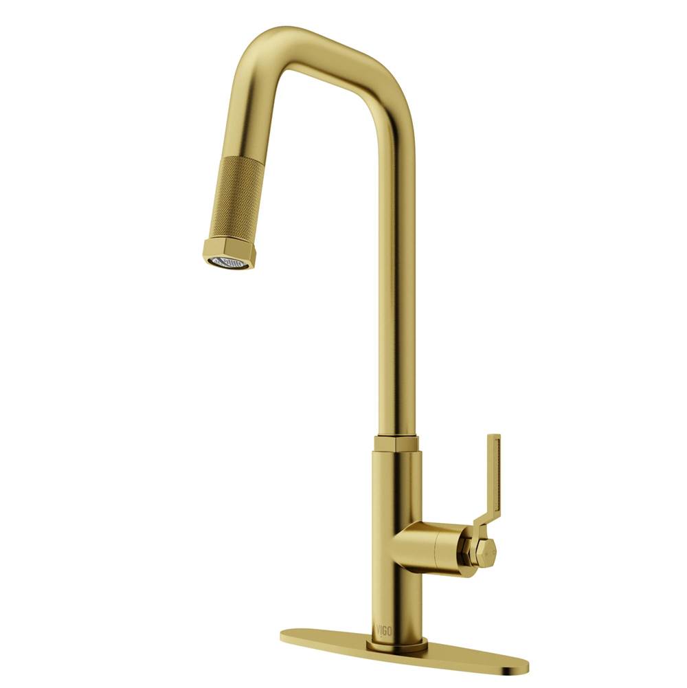 Vigo Hart Angular Single Handle Pull-Down Spout Kitchen Faucet Set with Deck Plate in Matte Brushed Gold