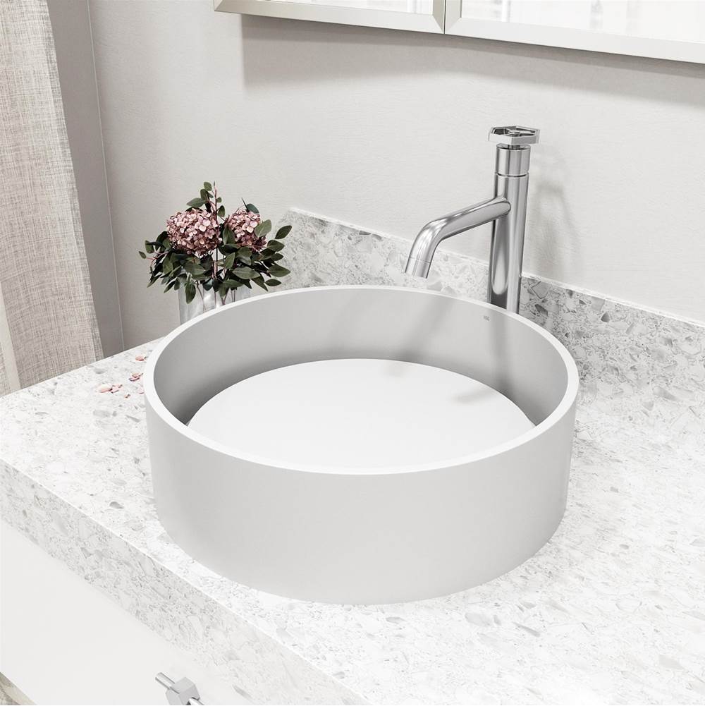 Vigo Anvil Matte Stone Composite Round Vessel Bathroom Sink in White with Dior Faucet and Pop-Up Drain in Chrome
