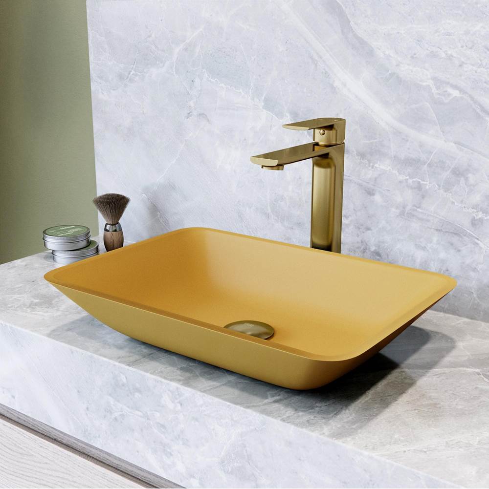 Vigo Matte Shell Sottile Glass Rectangular Vessel Bathroom Sink in Gold with Norfolk Faucet and Pop-up Drain in Matte Gold