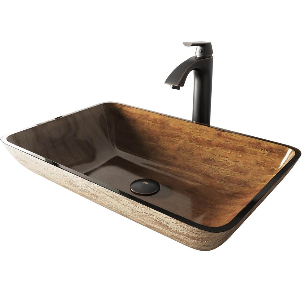 Vigo 22'' Rectangular Amber Sunset Glass Vessel Bathroom Sink Set With Linus Vessel Faucet In Antique Rubbed Bronze