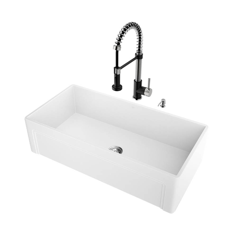 Vigo All-In-One Matte Stone Single Bowl Farmhouse Undermount Kitchen Sink With Edison Pull Down Faucet In Stainless Steel/Matte Black And Soap Dispenser