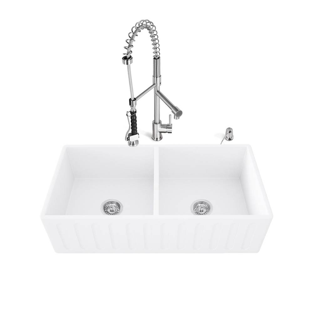 Vigo All-In-One 36'' Matte Stone Double Bowl Farmhouse Sink Set With Zurich Faucet In Stainless Steel, Two Strainers And Soap Dispenser