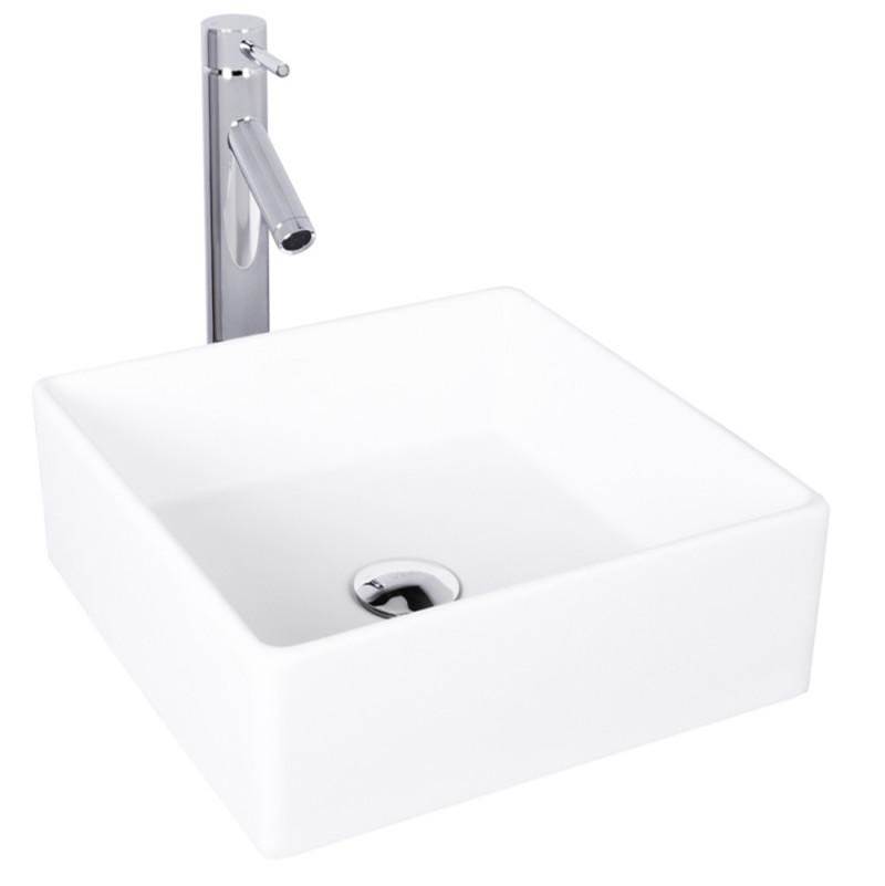 Vigo Matte Stone Dianthus Composite Square Vessel Bathroom Sink in White with Dior Faucet and Pop-Up Drain in Chrome